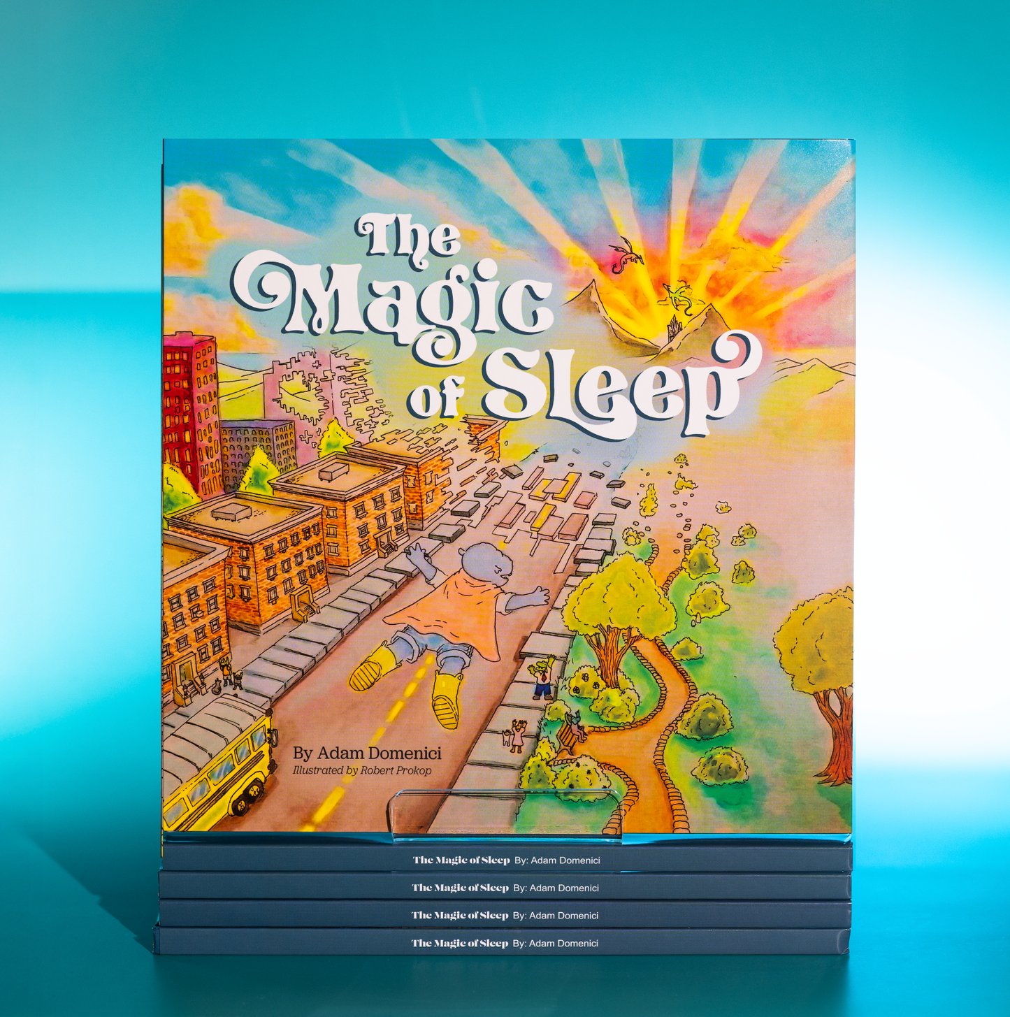 Book cover of 'The Magic of Sleep' with colorful illustration on a blue gradient background